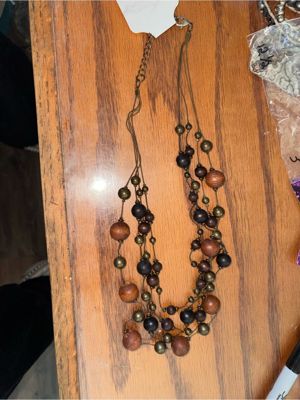 Layered Wooden Bead Necklace in Brown 12 1/2 inches